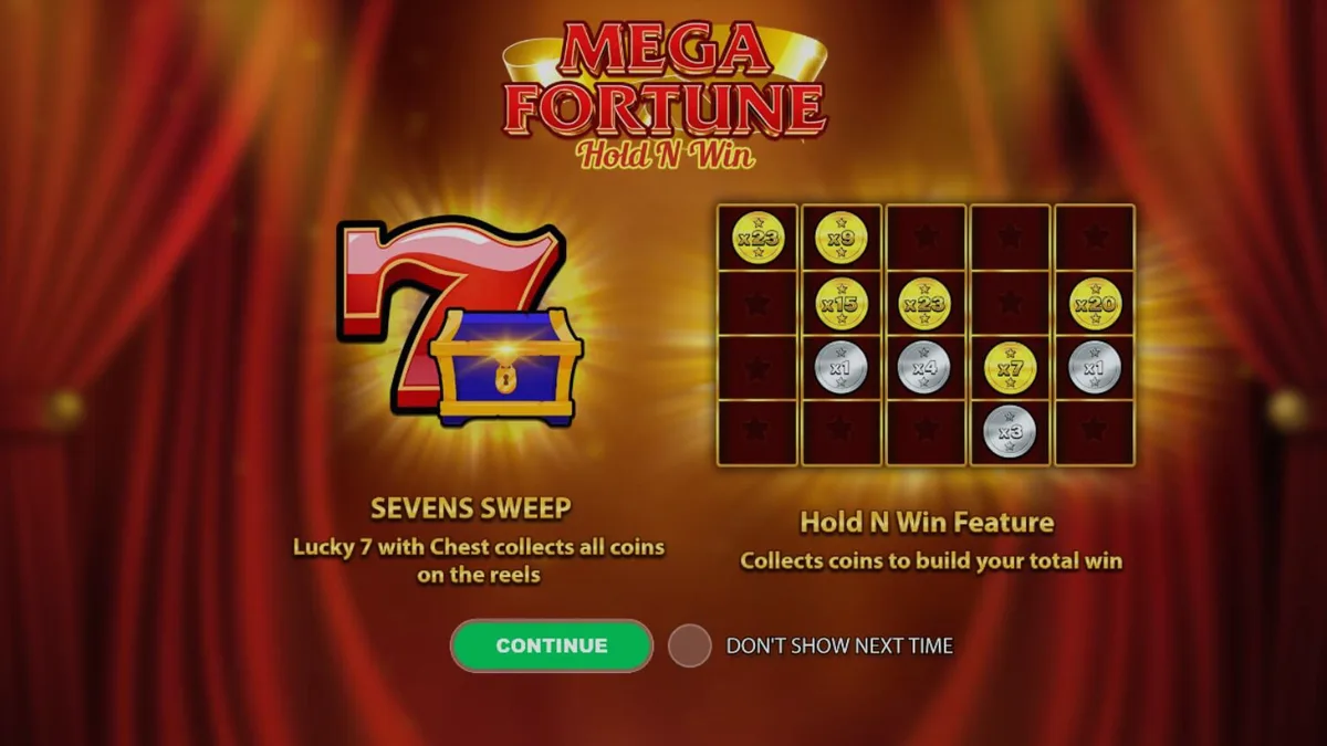 Interface do jogo Mega Fortune Hold ‘n’ Win com símbolos clássicos e moedas brilhantes