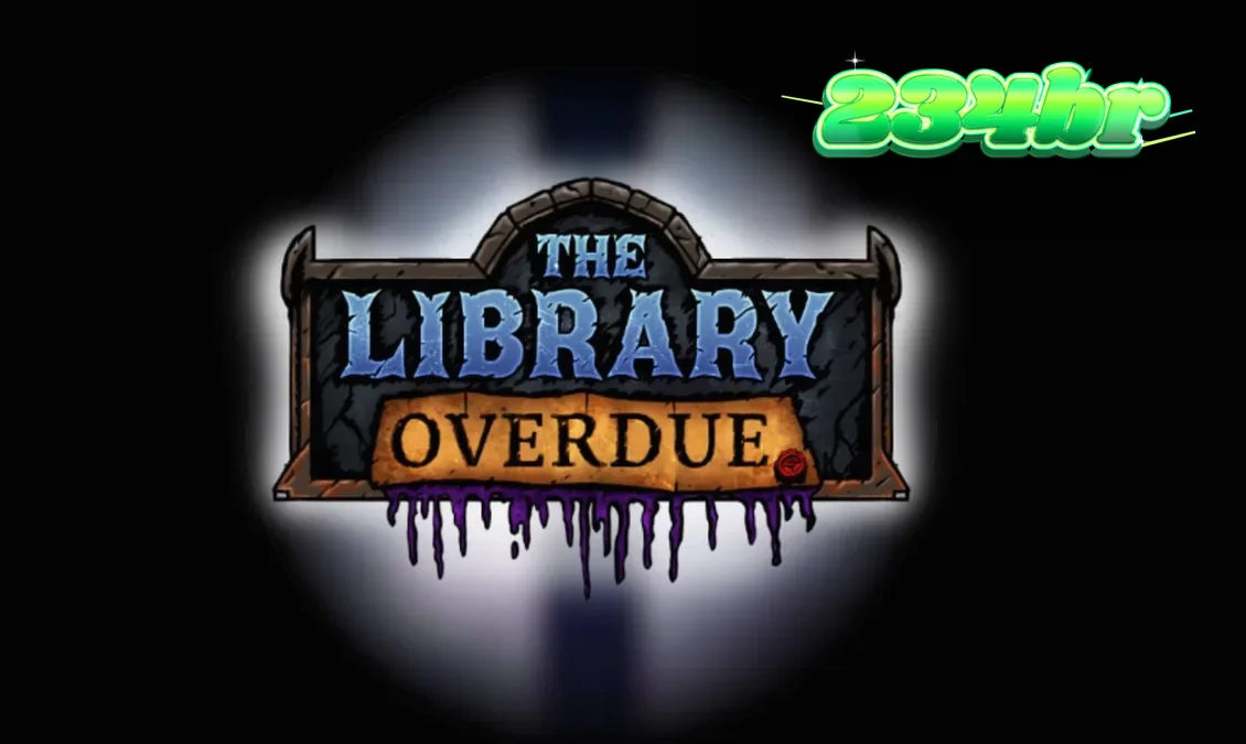 Cena gótica e misteriosa do slot The Library Overdue com atmosfera de biblioteca sombria.